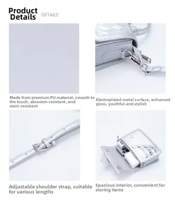 Detail shots of silver PU crossbody bag with metal buckle and interior storage space