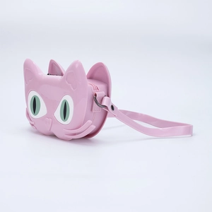 Pink cat-shaped silicone crossbody bag for girls with cute 3D ears and green eyes detail