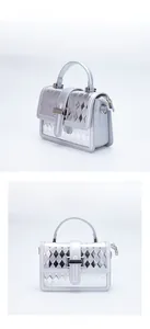 Front and side macro view of a silver metallic quilted handbag with a square clasp closure
