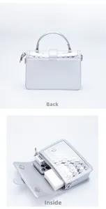 Silver PU leather crossbody bag with back view and interior storage space details