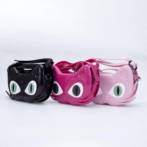 Cat shaped PVC jelly bags for girls in black, rose red and pink with adjustable straps