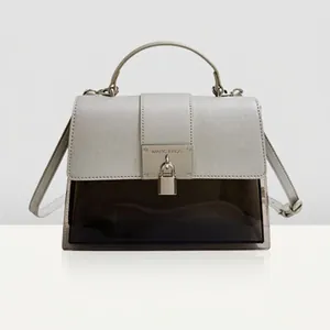 Women Saffiano PU Leather and Transparent PVC Patchwork Handbag Modern Minimalist Contrast Crossbody Bag With Metal Lock