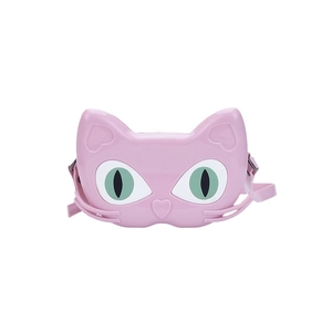 Pink cat shaped jelly bag for kids with green eyes and adjustable shoulder strap