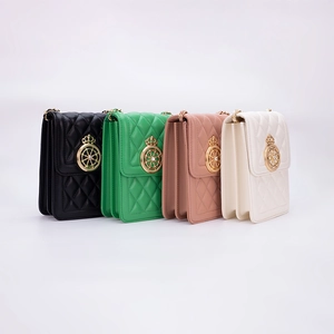 Chic quilted crossbody phone bags with gold crown hardware in black, green, pink and white