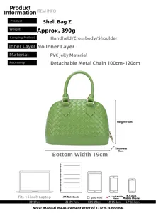 Size chart for green woven PVC jelly bag showing 19x14x9 cm dimensions and capacity guide