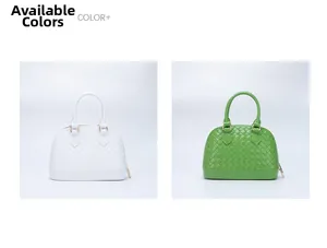 Shell shaped woven PVC jelly bags in white and green with gold hardware accents