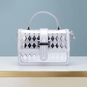 Fashion Silver PU Leather Quilted Handbag For Women Rhombus Pattern Metal Lock Small Square Crossbody Shoulder Bag Trendy Daily Bag