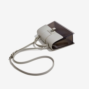 Minimalist beige and grey PU leather crossbody bag with clear panels and metal buckle