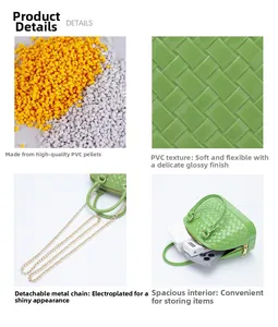 Detail of emerald green PVC woven jelly bag featuring detachable gold chain and inner space