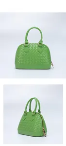 Front and side views of bright green woven PVC jelly handbag with golden metal zipper detail