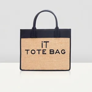 Women Straw Woven PU Leather Splicing Tote Bag Large Capacity Crossbody Handbag For Summer Beach Commute Casual Retro Bag