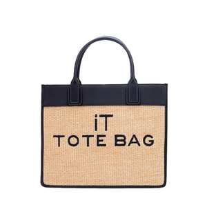 Straw tote bag with black leather handles and iT TOTE BAG text print for women