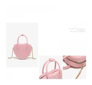 Detail showing the lattice quilting and gold chain strap of the pink heart jelly bag