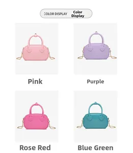 Detailed color display of jelly PVC handbags in pink, purple, rose, and green with chain