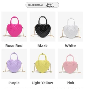Color options of heart-shaped quilted PVC jelly bags featuring metallic chain straps