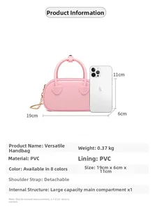 Size comparison and specifications of the pink PVC jelly bag with heart embossing
