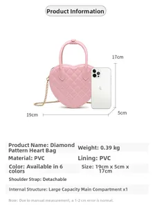 Detailed view of pink PVC heart bag with dimensions 19cmx5cmx17cm and gold chain strap