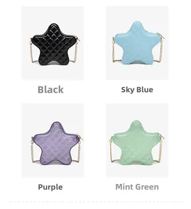 Vues détaillées de sacs en PVC en forme d'étoile en noir, bleu, violet et vert