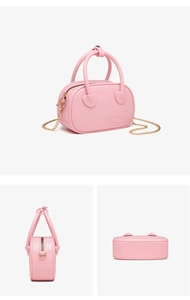 Detailed view of pink PVC jelly bag with heart hardware and gold chain strap from three angles
