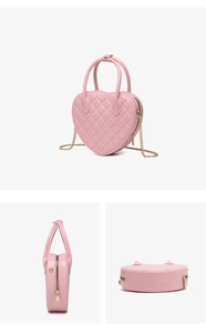 Three-view layout of pink heart-shaped PVC bag with quilted pattern and gold chain