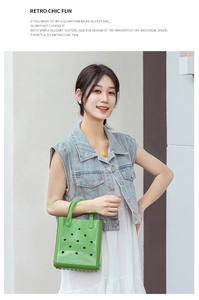 Detail of bright green perforated EVA bucket bag with retro cutout design and portable handle