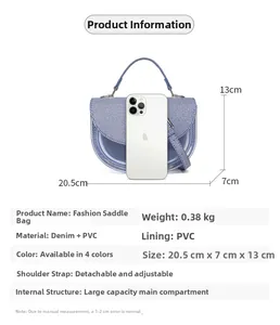 Vue détaillée du sac selle en denim et PVC avec dimensions et bandoulière réglable