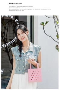 Detail of light pink mini beach tote bag with perforated holes and sturdy top handle