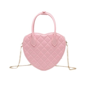 Pink heart-shaped PVC jelly bag with quilted pattern and gold chain shoulder strap