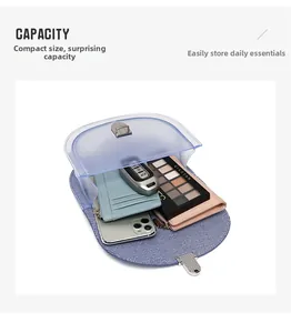 Détail du sac de selle bleu transparent montrant la capacité pour téléphone et maquillage