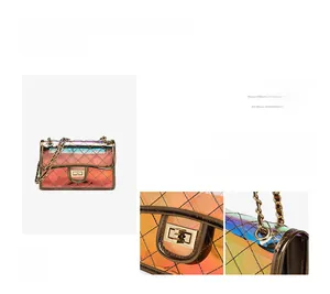 Detailed view of holographic PVC crossbody bag with diamond lattice stitching and gold hardware