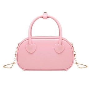 Pink heart-decorated PVC jelly handbag with golden metal chain strap and top handle