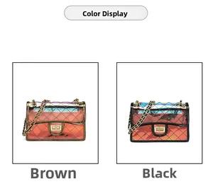 Detail of laser PVC jelly bags featuring quilted texture and metallic chain straps