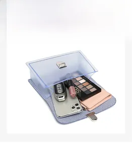 Light blue translucent envelope bag showing capacity for phone, wallet and cosmetics