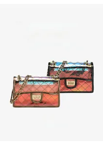Detail of rhombic quilted crossbody jelly bags with metal turn-lock and chain straps