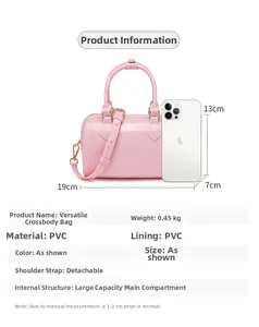 Pink PVC jelly bag size information showing dimensions 19x13x7cm with detachable strap