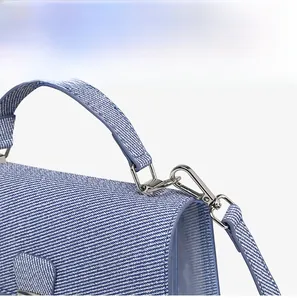 Detail shot of the woven blue pattern and silver metal D-ring buckle on the bag