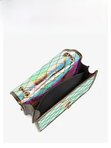 Interior view showing the organized compartments of this holographic quilted chain bag
