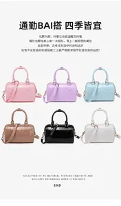Detail showing the six candy-colored PVC mini Boston bags with gold hardware and straps