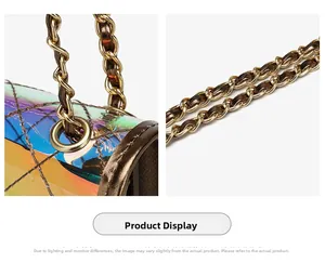 Detail of holographic PVC jelly bag showing diamond quilt pattern and gold chain strap