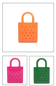 Three vibrant macaron EVA beach bags in orange, pink, and green with circular cutouts