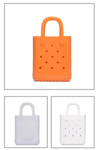 Three-color display of DIY PVC beach tote bags featuring signature hole design and non-slip bottom