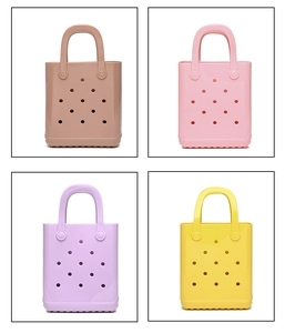 Detailed grid showing waterproof PVC beach bags in pink, purple, yellow, and latte tones