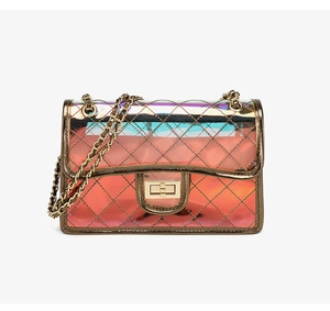 Detail of laser PVC jelly bag showing quilted stitching and golden metal turn-lock