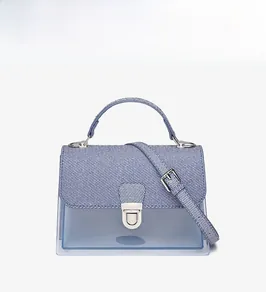 Detail of blue striped jelly bag with transparent PVC panels and silver metal buckle