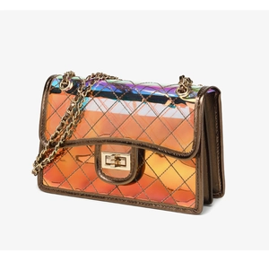 Detail view of transparent holographic PVC jelly bag with quilted pattern and gold chain