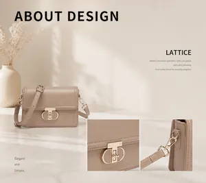 Close-up of golden CD-style twist lock on beige PU leather flap crossbody bag