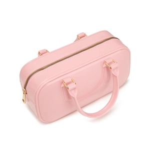 Elegante bolso de mano Boston de PVC rosa brillante con cremallera dorada para mujer