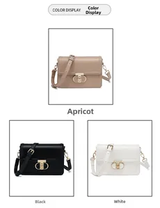 Compact square crossbody bags in apricot, black, and white with T-shaped metal gold buckles