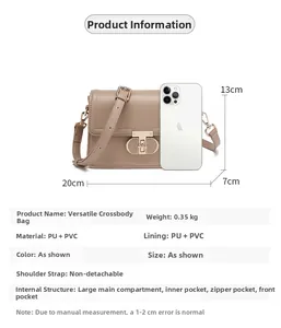 Detailed dimension guide for the beige PU leather crossbody bag showing 20x13x7cm size