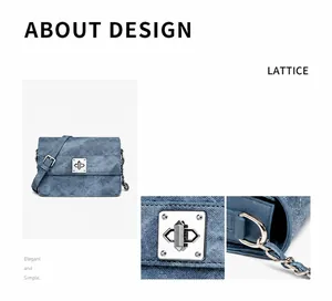 Detailansicht des silbernen Drehverschlusses und der Kette der blauen Denim-Umhängetasche